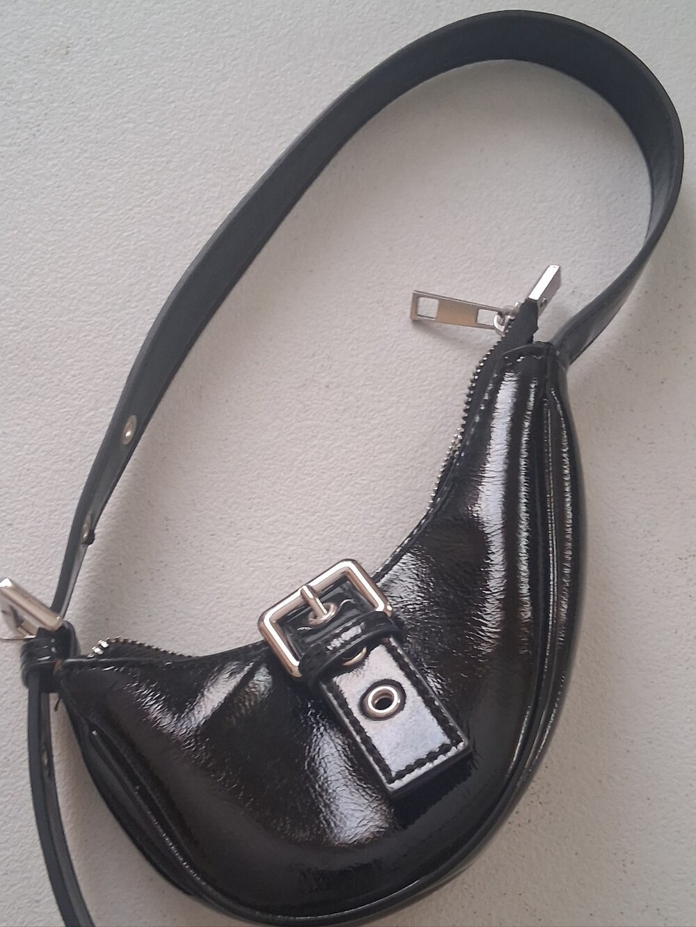 Forever 21 Black Patent Crossbody Belt Bag with Silver Hardware
